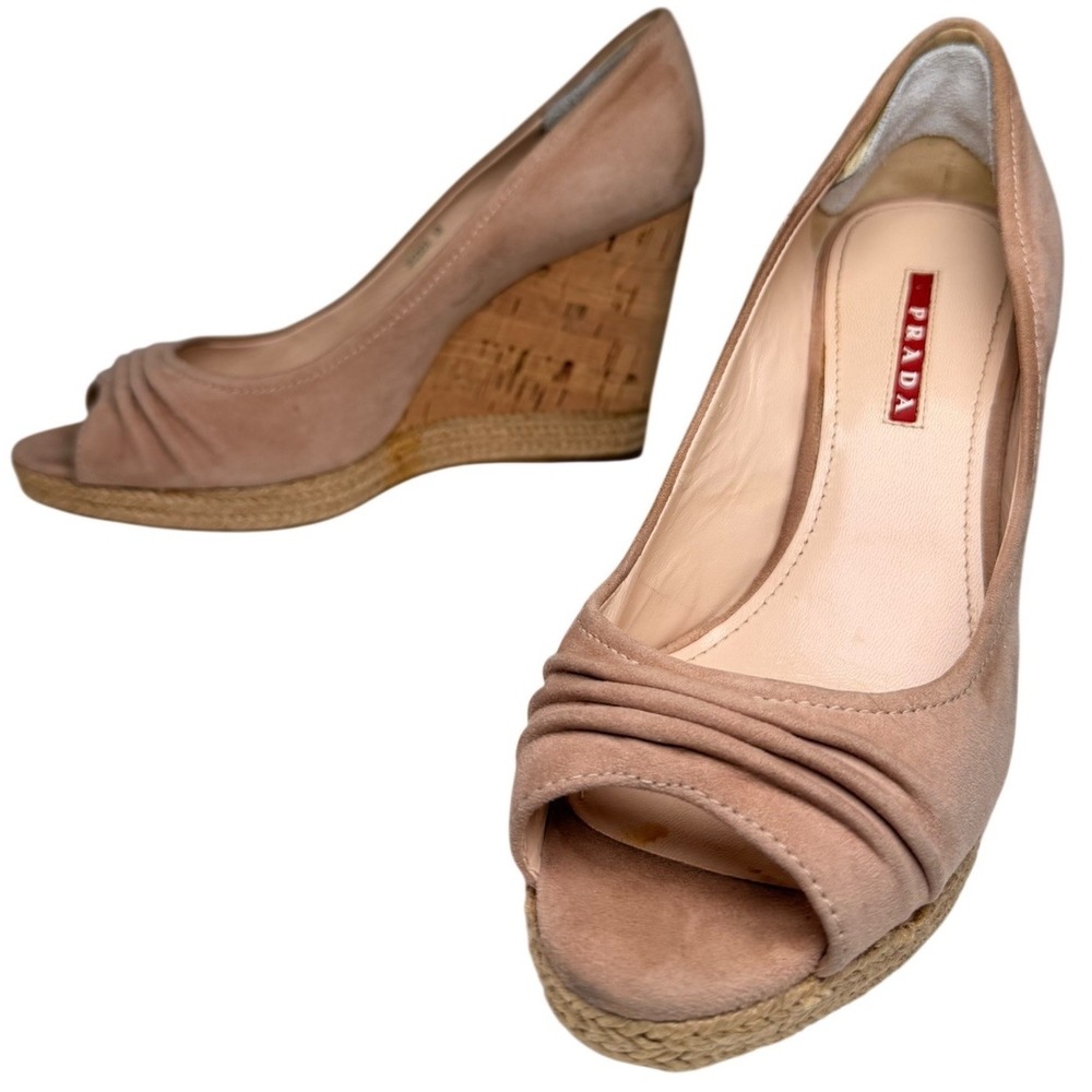 Authentic Prada 3KZ033 Nude Suede Peep Toe‎ Cork Espadrille Wedge Heels 38
